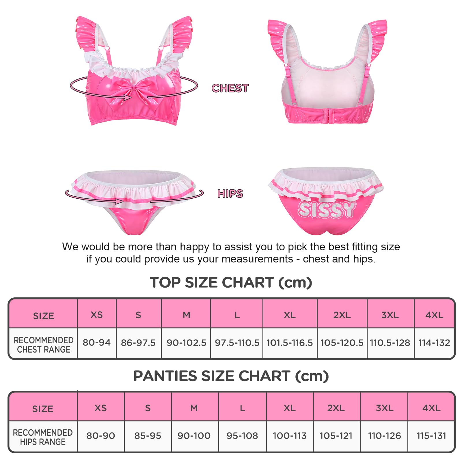 LittleForBig Unisex Metallic Rave Cuero Sintético Brillante Volantes Sin Mangas Espalda Sin Espalda Bikini Bragas De Látex Sissy Doll Juego de Bralette de 2 Piezas