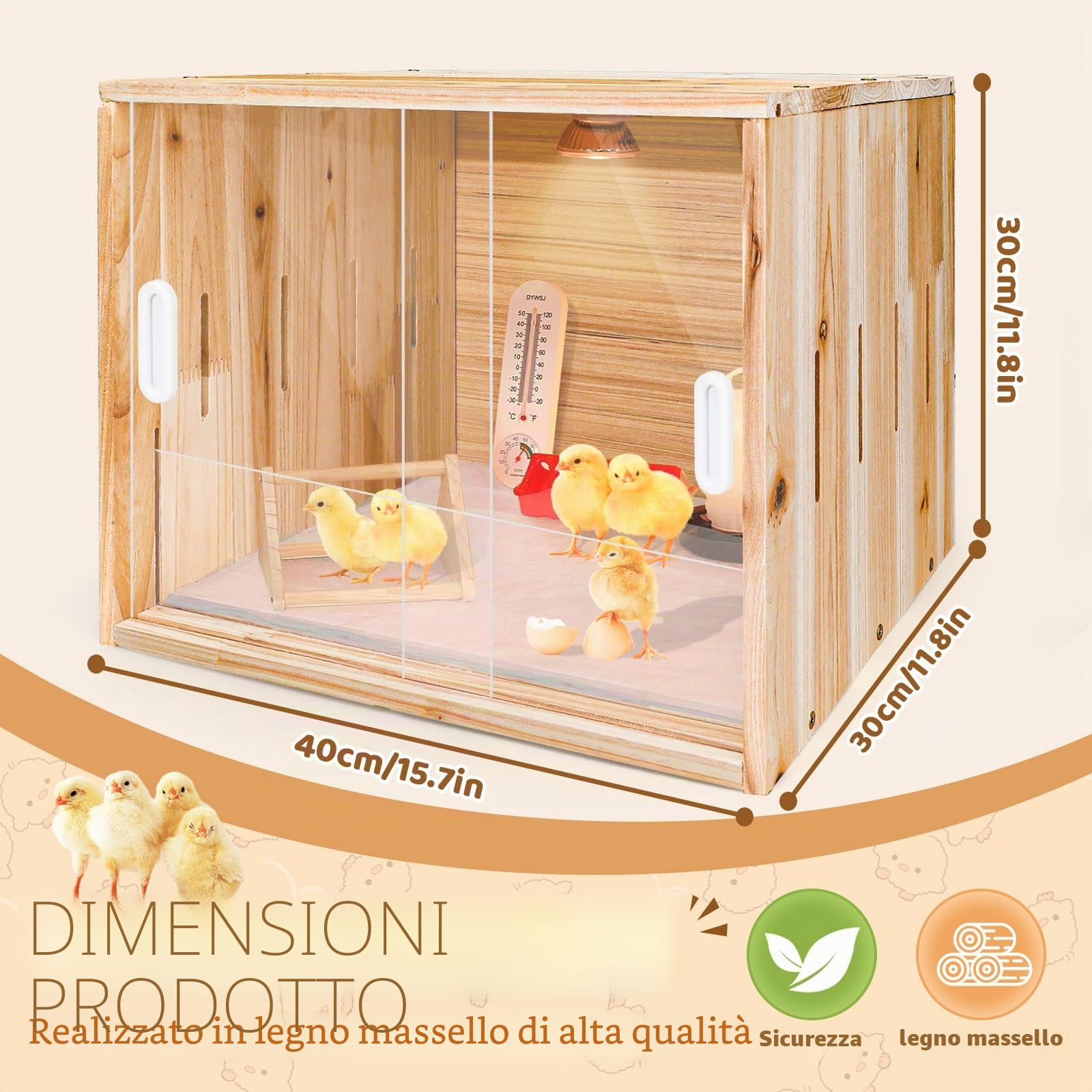Scatola per allevare polli in legno, grande scatola per pulcini con manico, 40 x 30 x 30 cm, per pulcini, criceti, tartarughe, rettili