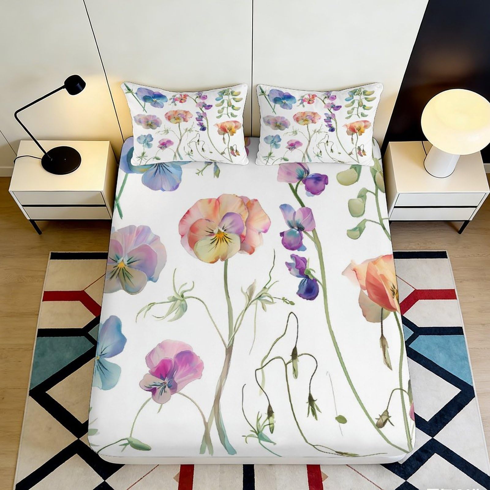 3D Printed Watercolor Floral Fitted Sheet Microfiber Soft Breathable Wildflower Mattress Cover for Bedroom Guest Room Decor 90x200x25cm