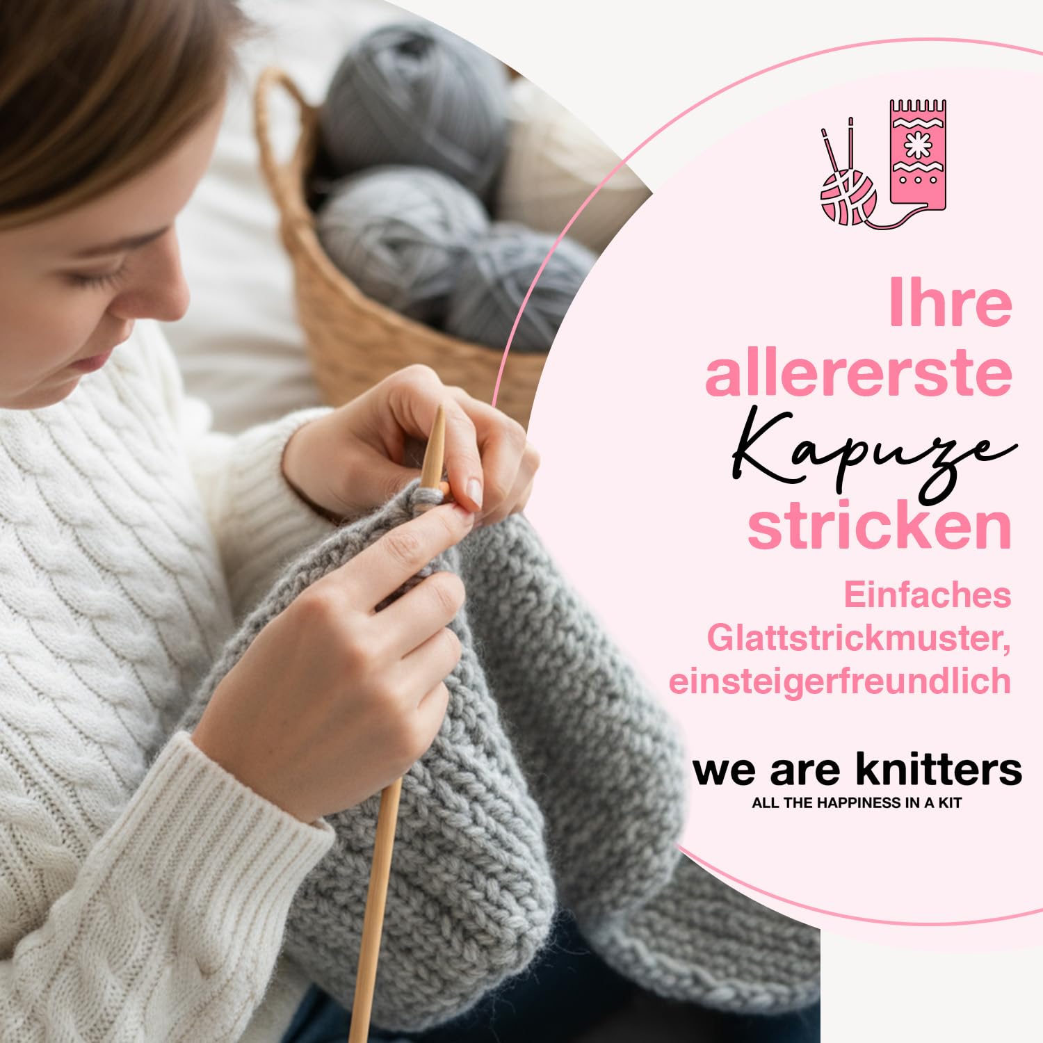 We Are Knitters Titi Hood Kit – Strickset für Anfänger mit 100% Baby-Alpaka-Wolle – Komplettes Strickset mit Wolle und Anleitung – Baby Kapuze (1–6 Monate / 6–12 Monate) – Handarbeit Geschenk