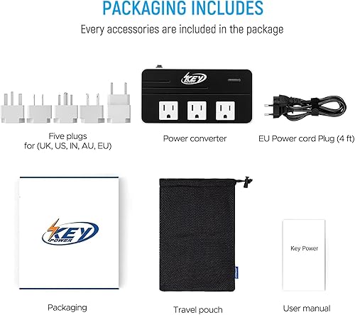 Miniatura 8 de Transformador de voltaje y adaptador internacional, de la marca Key Power, 200 W, para viaje, reduce de 220V a 110V, para uso con aparatos