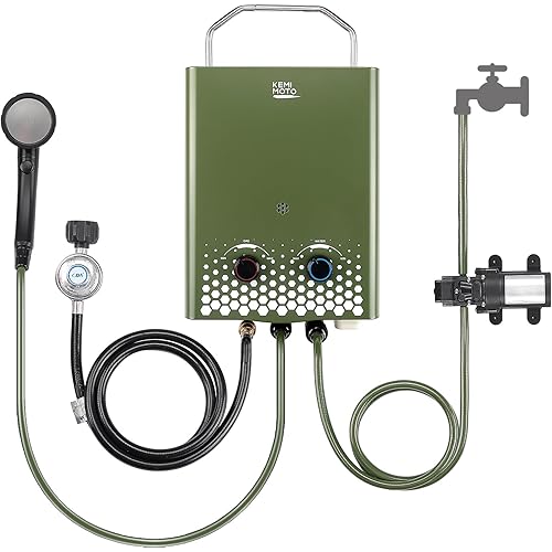 KEMIMOTO Camping Portable Tankless Water Heater with 1.2GPM Pump，5L Capacity，1.32Gpm 34000 BTU Instant Propane Water Hot Heater，Easy Installation，Suitable For Rv/Camping/Cabin