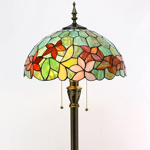 Miniatura 3 de Tiffany - Lámpara de pie con vitrales, 16 x 16 x 70 pulgadas, luz de lectura antigua (flores rojas y verdes)
