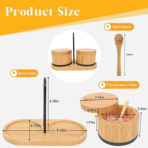 Miniatura 9 de Beardo - Sal de bambú con tapa y cuchara, caja de sal negra, fácil de distinguir las especias en el tazón, recipiente de sal con tapa giratoria