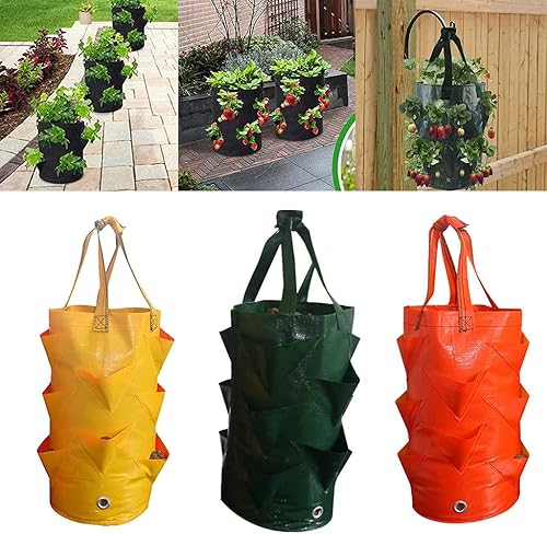 3 piezas de bolsas colgantes para macetas con asas, contenedores colgantes de plástico para plantación de fresas, bolsas de cultivo plegables y