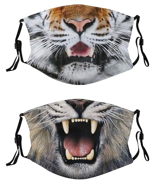 2Pcs Funny Cute Tiger Mouth Face Mask Washable Reusable Bandanas with 2 Filters Adjustable Masks for Adult Men Women