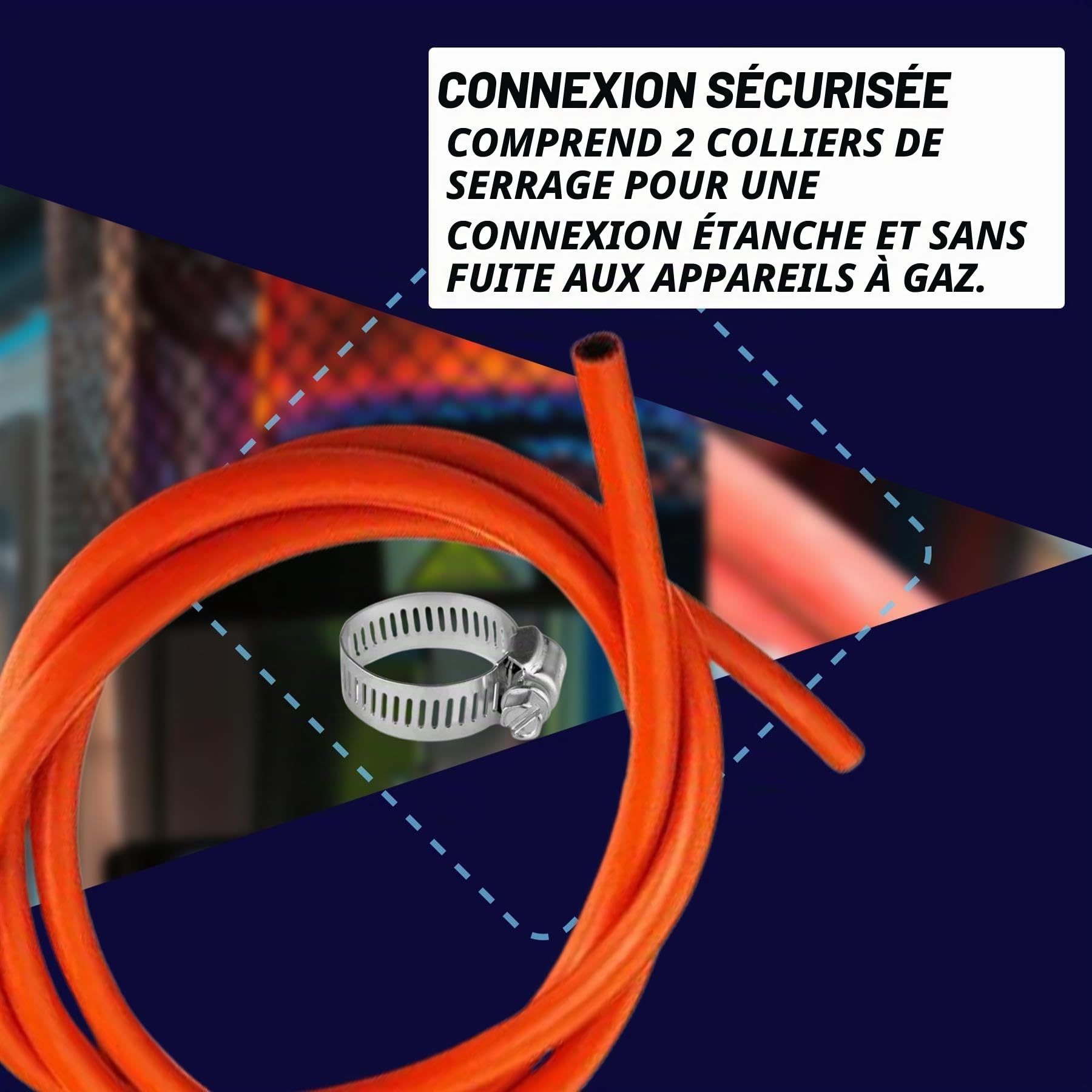 Dapetz Tuyau de gaz de 2 mètres avec 2 clips, compatible régulateurs d'extrémité 8 mm, pour propane, butane, GPL, barbecue, camping, camping-car, couleur orange