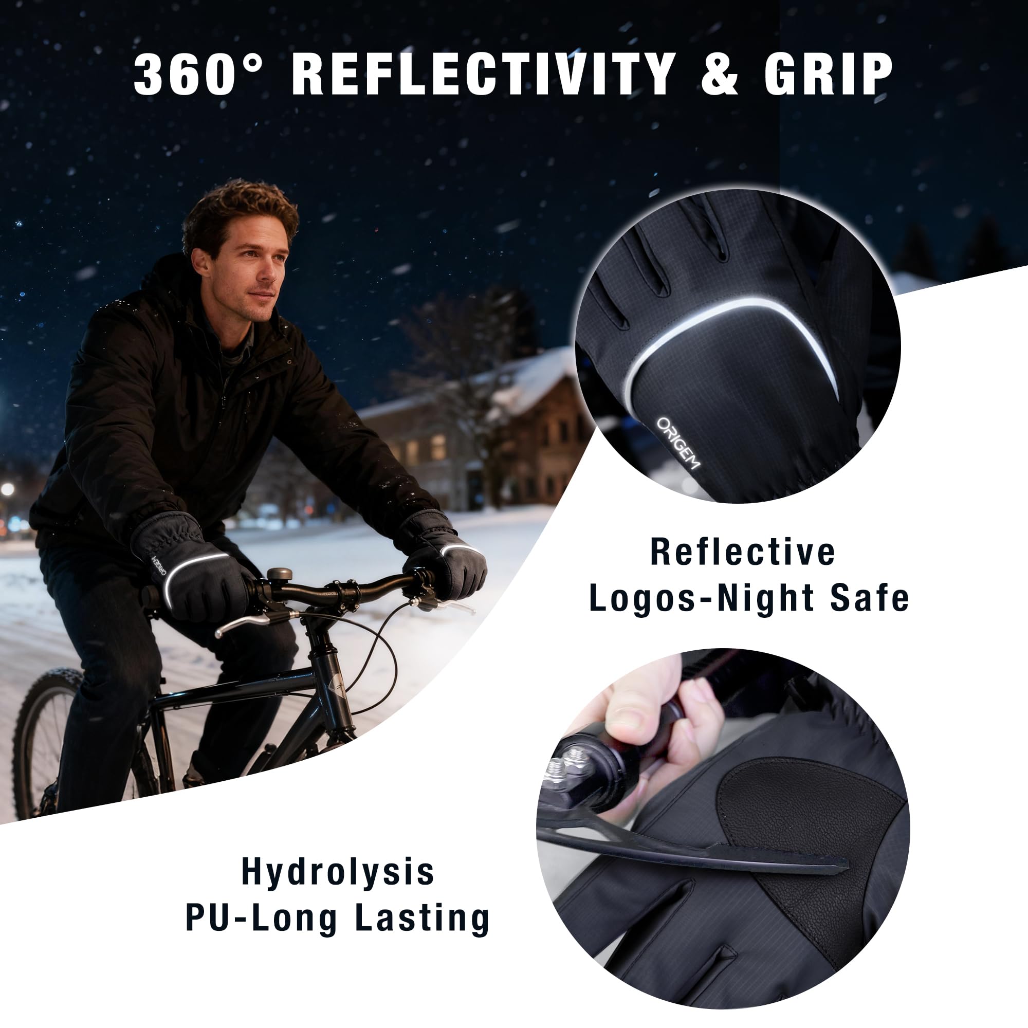 Origem Guanti Invernali Termici Uomo Donna, 3M Thinsulate Touchscreen Impermeabili Guanti Moto Sci Neve con Riflettenti per Bici Ciclismo Scooter Motocross Calcio Corsa Running sportivi snowboard