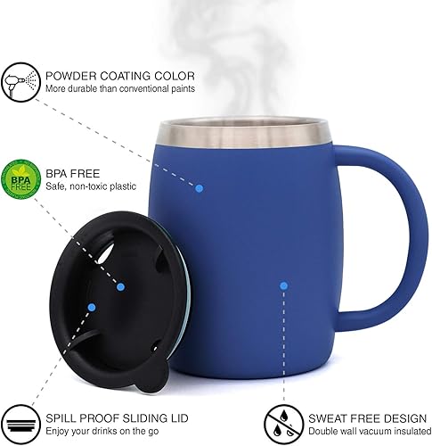 Miniatura 9 de Juego de 2 tazas de café aisladas de acero inoxidable (14 onzas) de doble pared con tapa y asa resistentes a derrames, tazas inastillables para