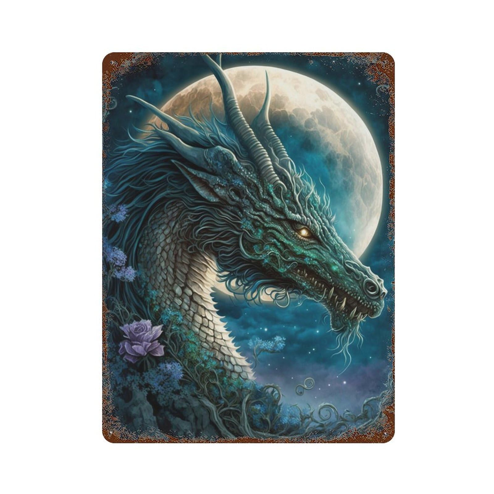 Rust Effect Fantasy Dragon Moon Night Art Print Rustic Tin Plaque 15.7"x11.8", Industrial Home Decor for Bistro, Counter And Cafe Decor