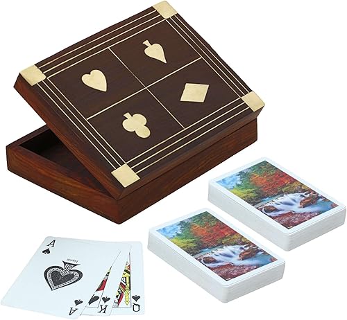Ajuny Caja decorativa hecha a mano de madera de doble cubierta para cartas, estuche organizador de latón con incrustaciones de latón con 2 paquetes