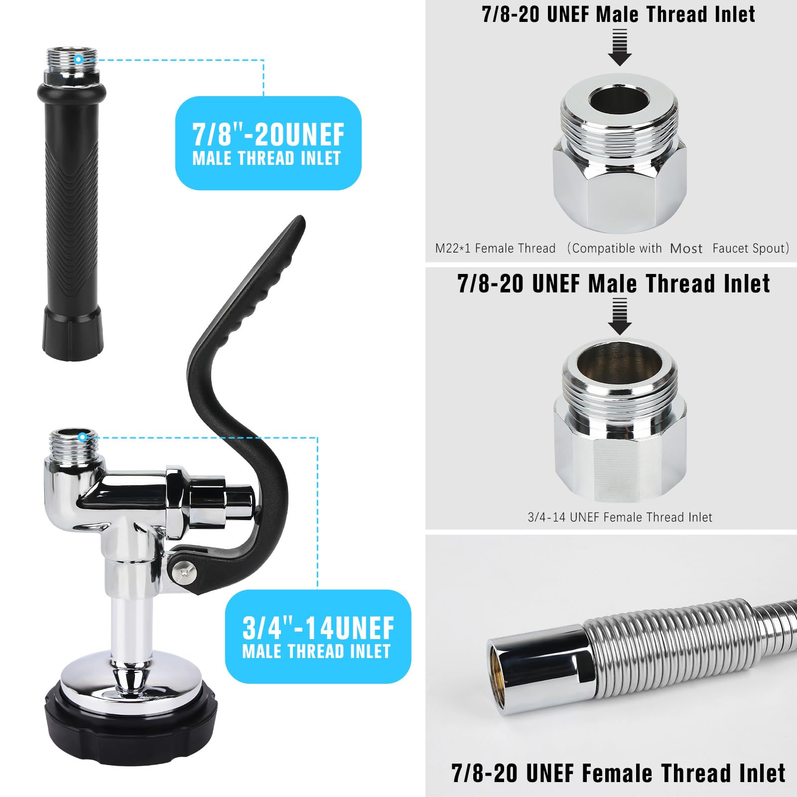 Válvula de pulverización con manguera flexible de acero inoxidable de 45 pulgadas y resorte superior de preenjuague de acero inoxidable, manguera flexible de grifo comercial con kit de repuesto