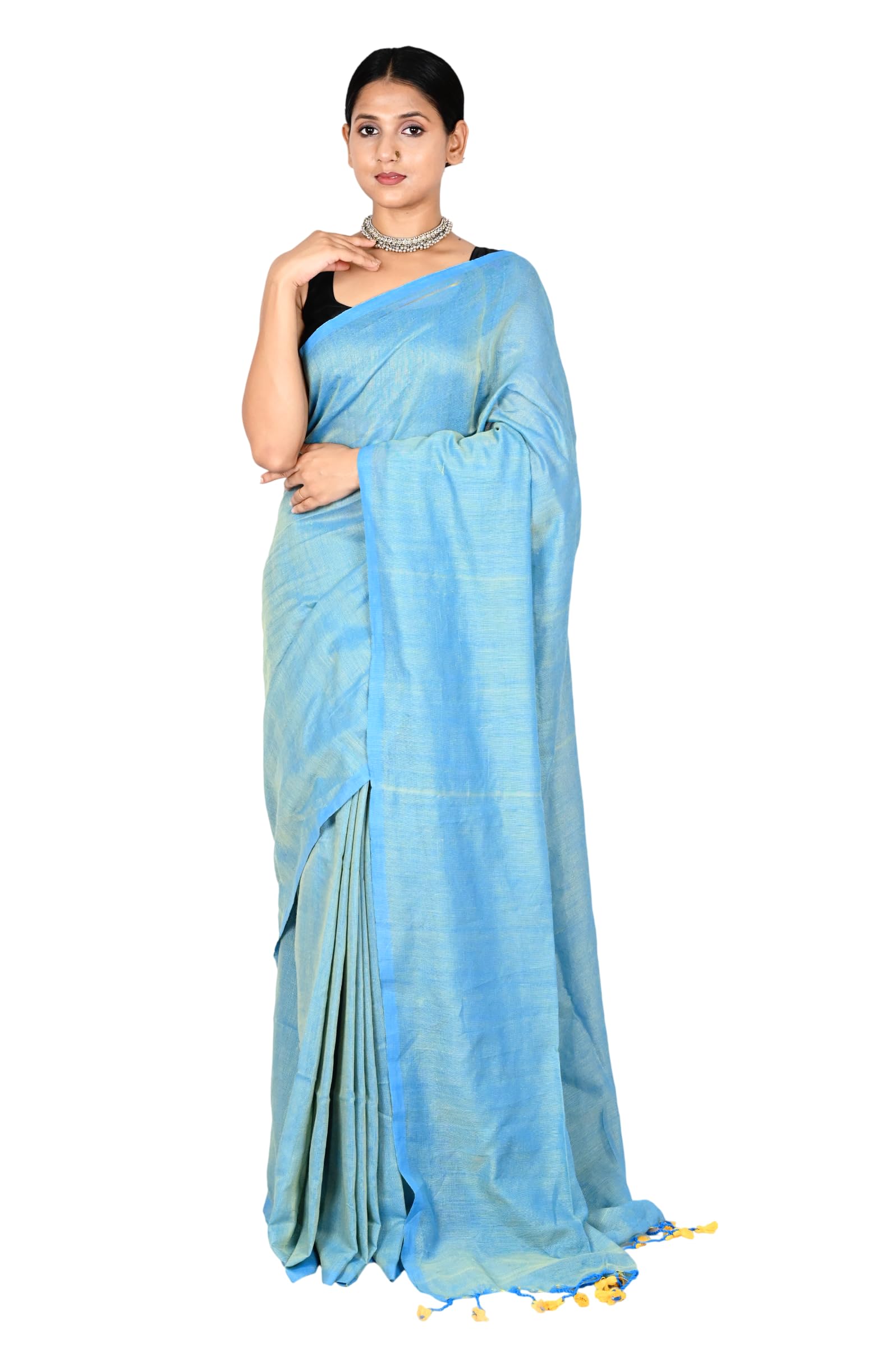 oxymasu Women's Cotton Blend Handloom Khadi Saree with Silver Star Woven Work and Unstitched Blouse Piece | 5.5 Meter Saree + 0.8 Meter Blouse Piece | Traditional Handloom Saree-picture-34