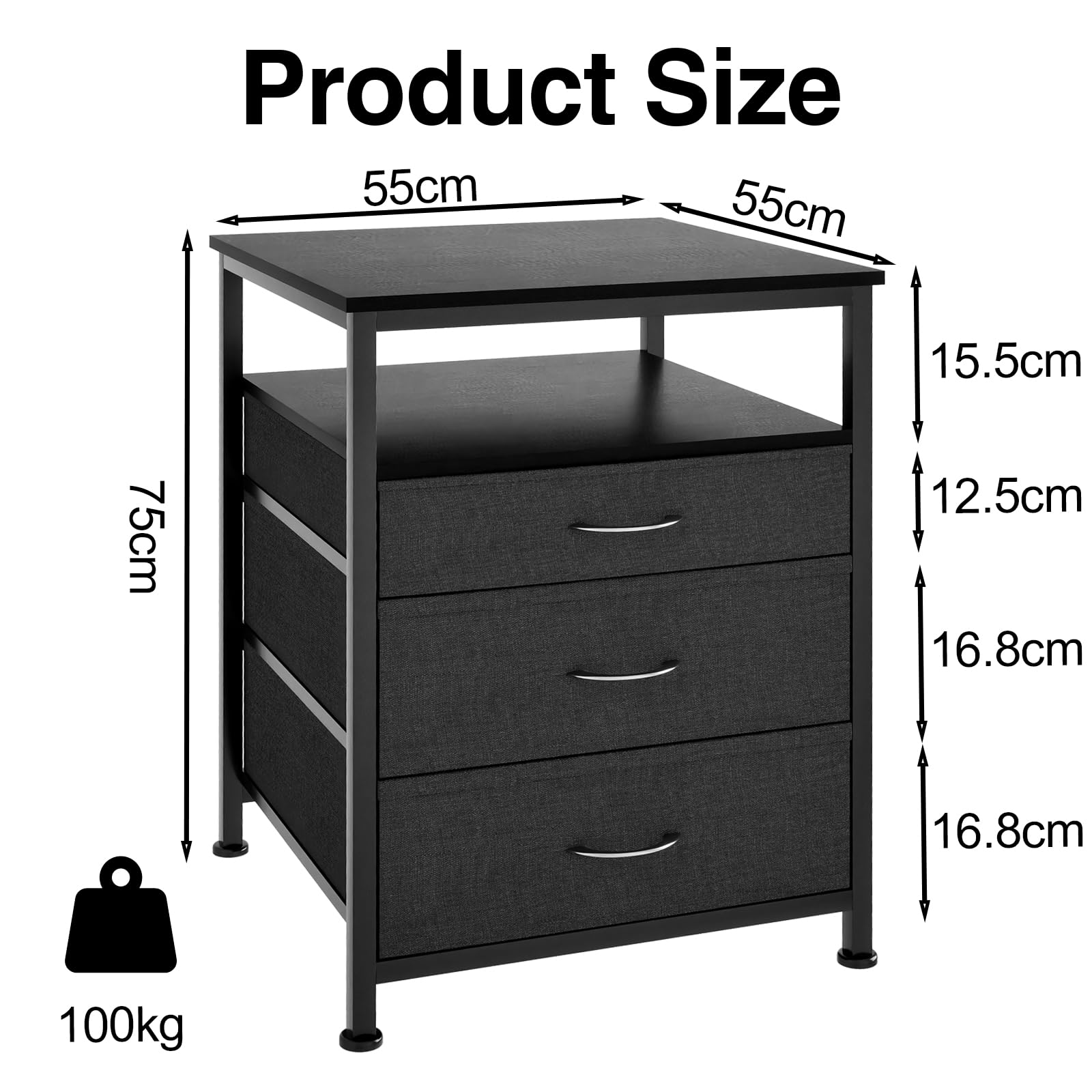 Mini-Kühlschrankständer mit Stauraum, 55 x 55 x 75 cm, Mini-Kühlschranktisch, strapazierfähig, mit 3 Schubladen, kompakter Kühlschrankschrank für Küche, Schlafzimmer, Büro, Wohnheim