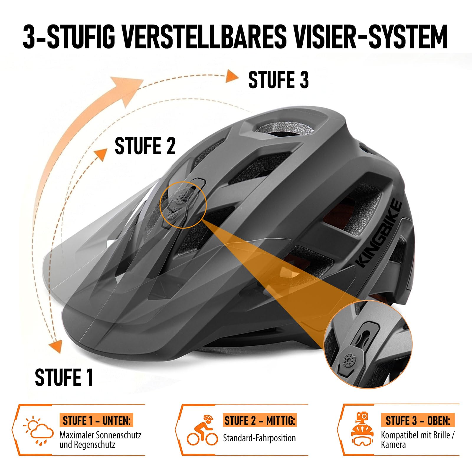 KINGBIKE Professioneller Mountainbike Helm E-MTB NTA-8776 E-Bike Sicherheitshelm mit 3-stufig verstellbarem Visier & Kamera-Halterung MTB-Fahrradhelm für Erwachsene