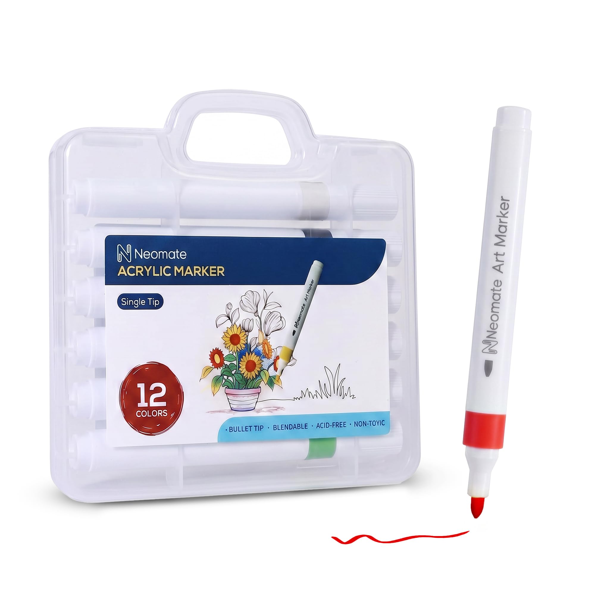 Neomate 12 Pcs Single-Tip Acrylic Markers Set | Non-Toxic Art Supplies for Kids & Adults | Waterproof, Quick Dry | For Rock Painting, Canvas, Wood, Ceramic, Glass & DIY Crafts