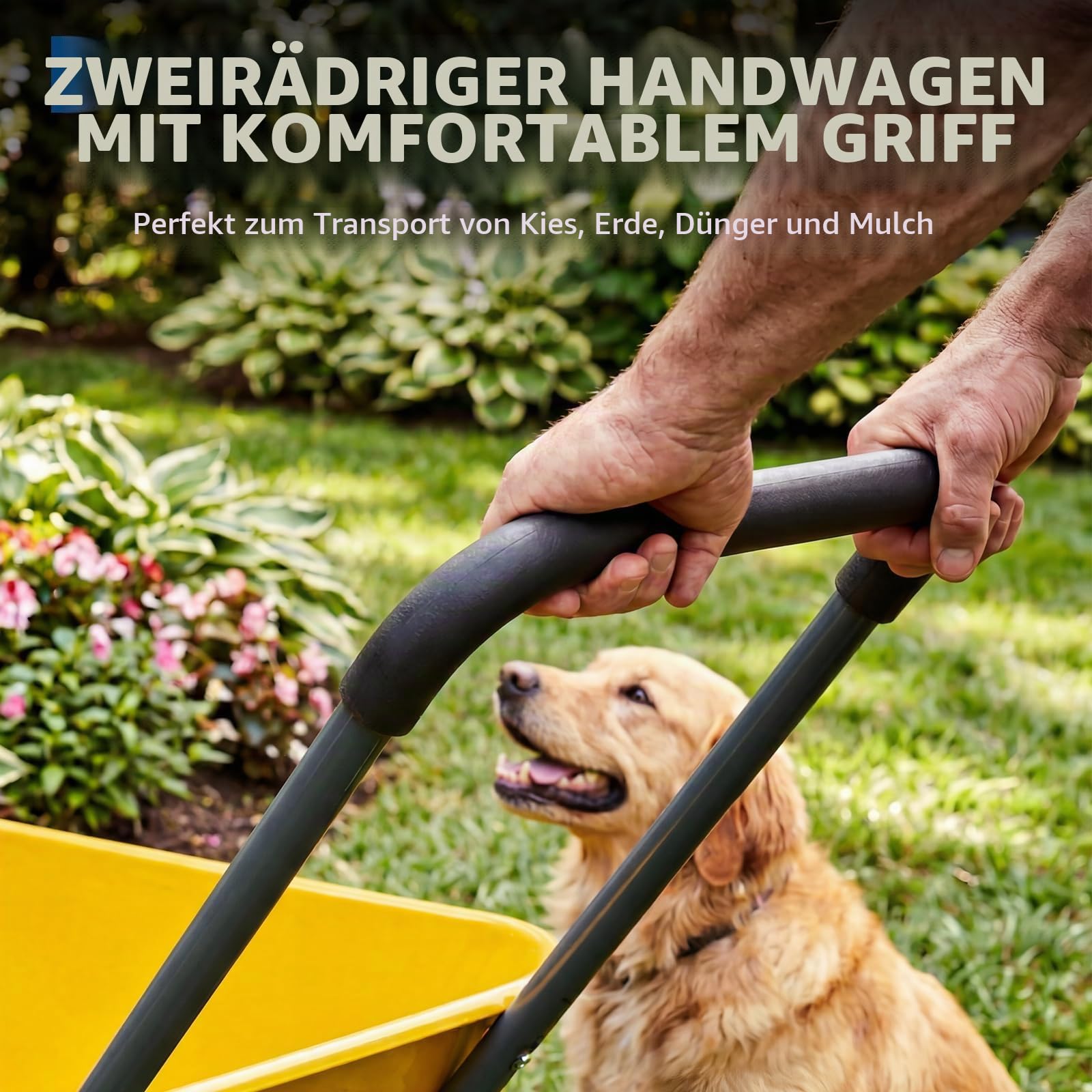 Schubkarre Bis 120 kg, 2 Luftreifen Mit Metall Felge, Garten Schubkarre, 124 x 66 x 62,5cm, Kunststoffwanne, Eisen + Kunststoff, Gelb