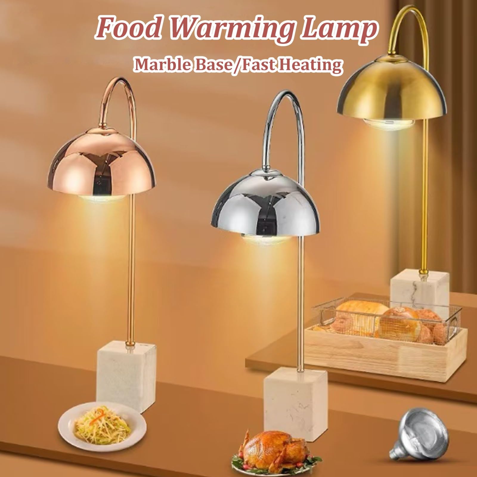 Lámpara calentadora de alimentos de acero inoxidable con base de mármol, lámpara de calor de 250 W para bufé, restaurante, cocina, aislamiento redondo, calefacción de alimentos (mármol dorado y negro)