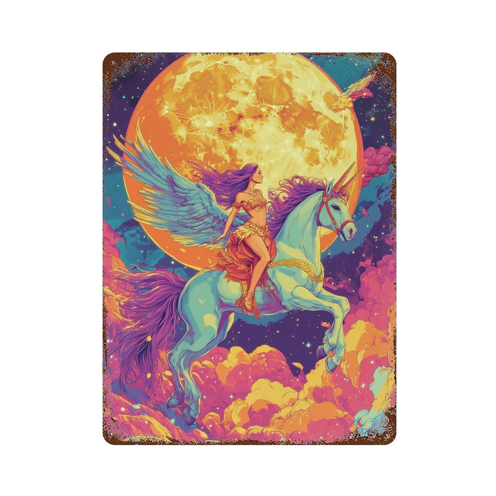 Fantasy Unicorn Ride Moonlit Sky Decorative Tin Sign 15.7"x11.8", for Bistro, Counter And Cafe Decor, Novelty Wall Decor