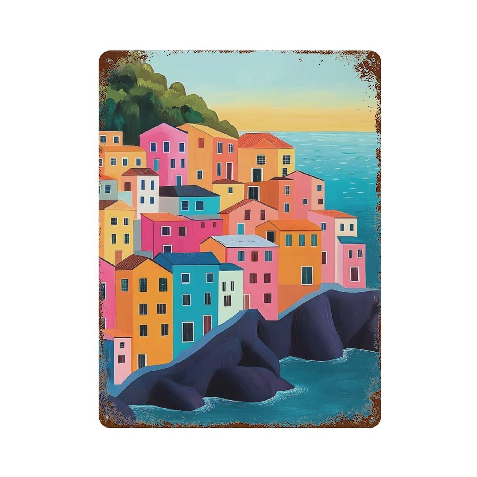 Garage Style Colorful Coastal Italy Village Painting Vintage Rust Metal Sign 15.7"x11.8", Retro Wall Decor for Bar And Workshop