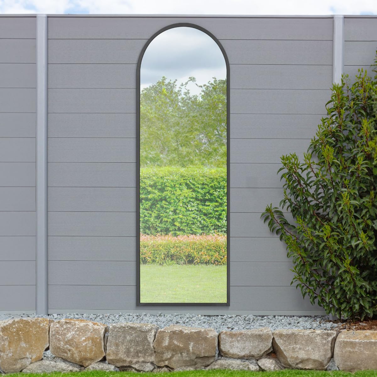 MirrorOutlet The Arcus - Black Metal Framed Modern Arched Garden Wall Leaner Mirror 71" X 24" (180CM X 60CM) Silver Mirror Glass with Black All weather Backing