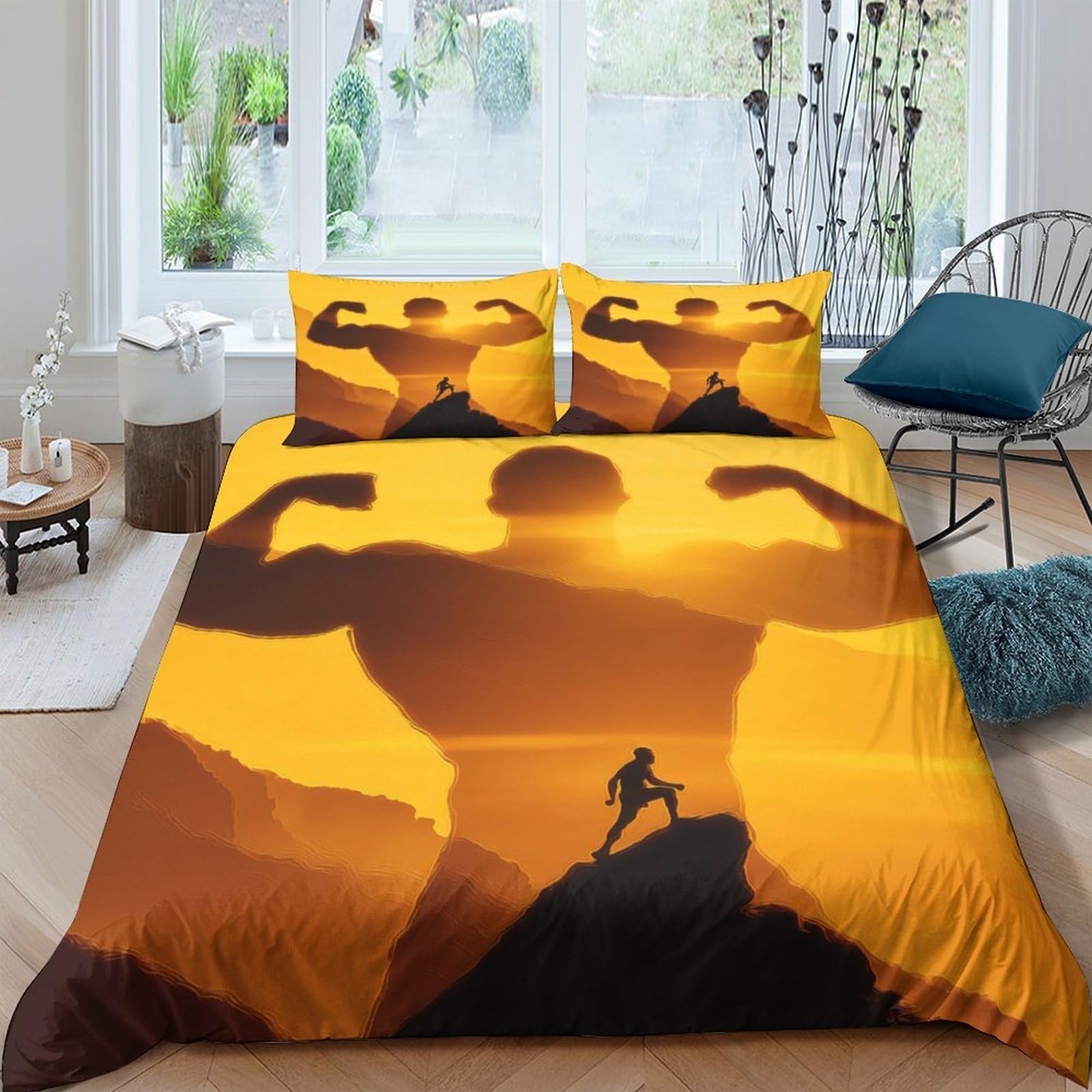 GPLZQXKJNH 3D Printed Sunset Bodybuilder Duvet Cover Microfiber Breathable Mountain Silhouette Bedding Set with 2 Pillowcases for Bedroom Home Decor Single（135x200cm）