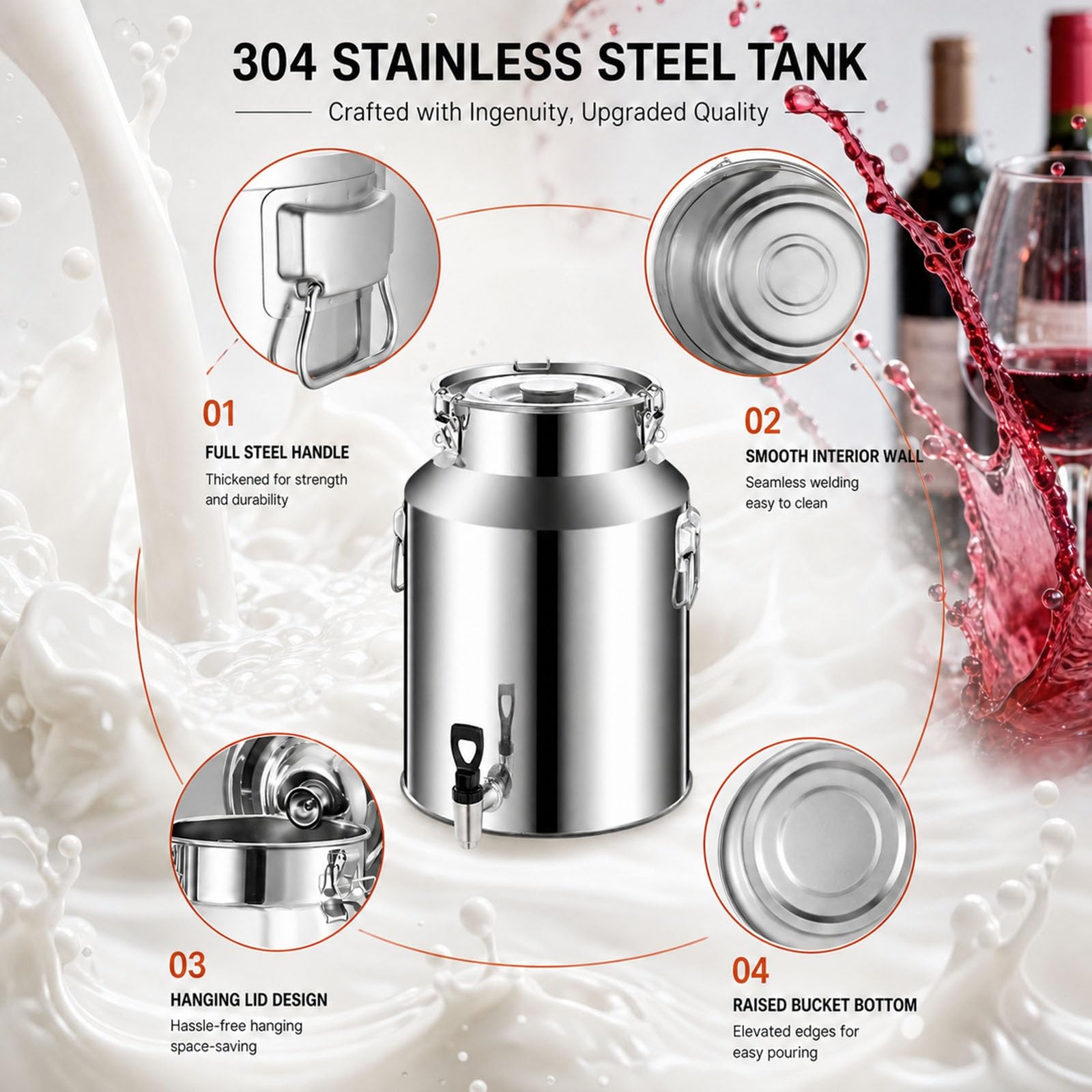 Cántaro de Leche de Acero Inoxidable 304 con Grifo, Cubo Contenedor de Alimentos con Tapa Hermética Antifugas para Almacenamiento de Vino Aceite Agua en Cocina