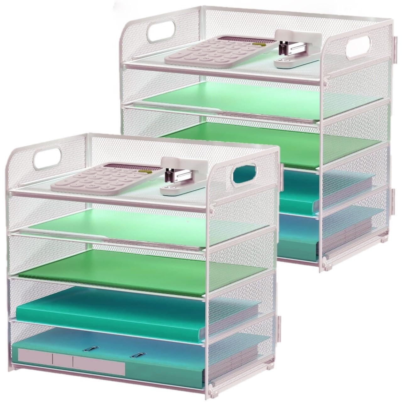 2 Pack Letter Tray 5-Tier Desk Organizer File Paper Holder with Handle, Metal Desktop Document Shelf Tray Office Classroom Organization - Silver