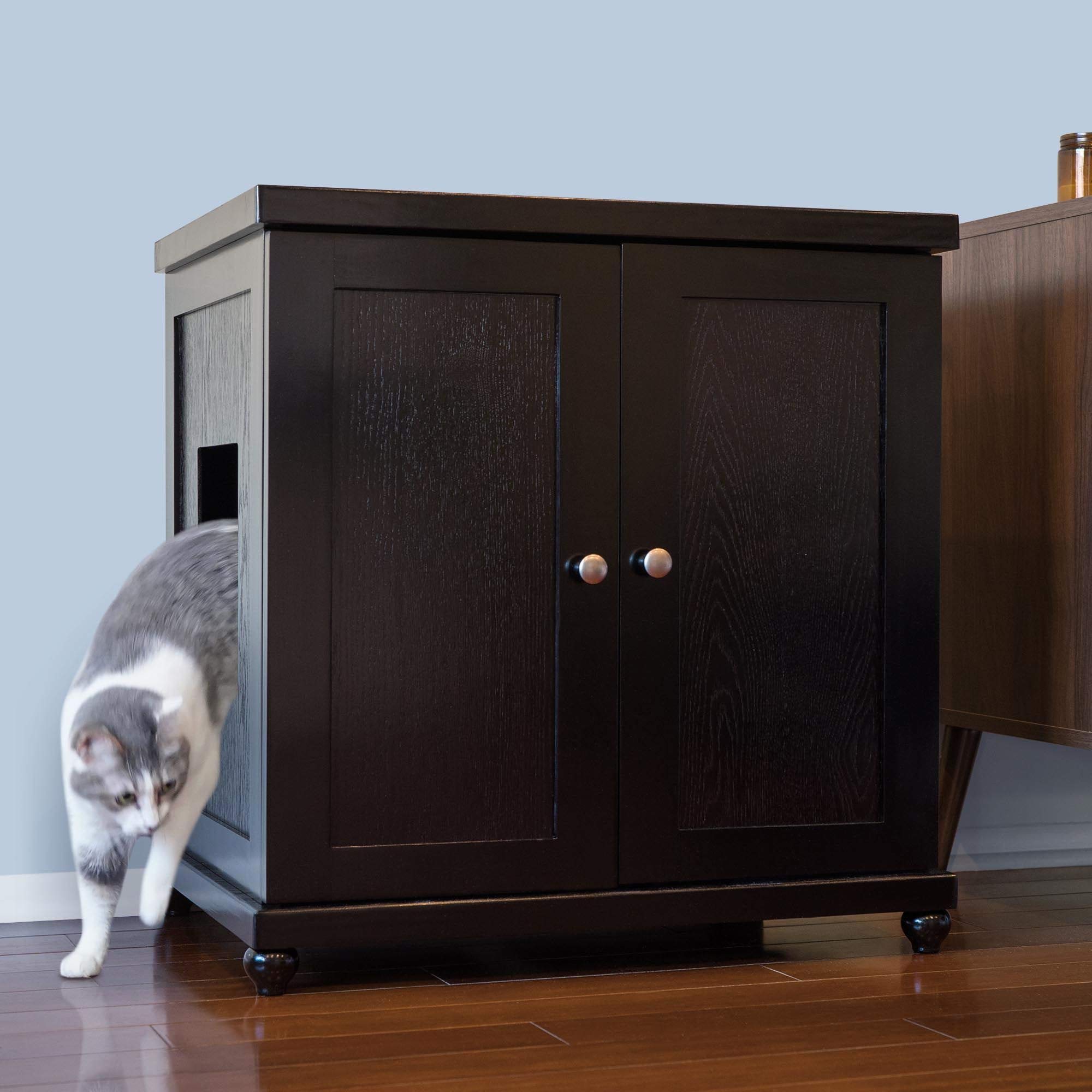The Refined Feline Cat Litter Box Enclosure Cabinet, Modern, Black Espresso, Tulip Feet, Large, Hidden Litter Cat Furniture with Drawer