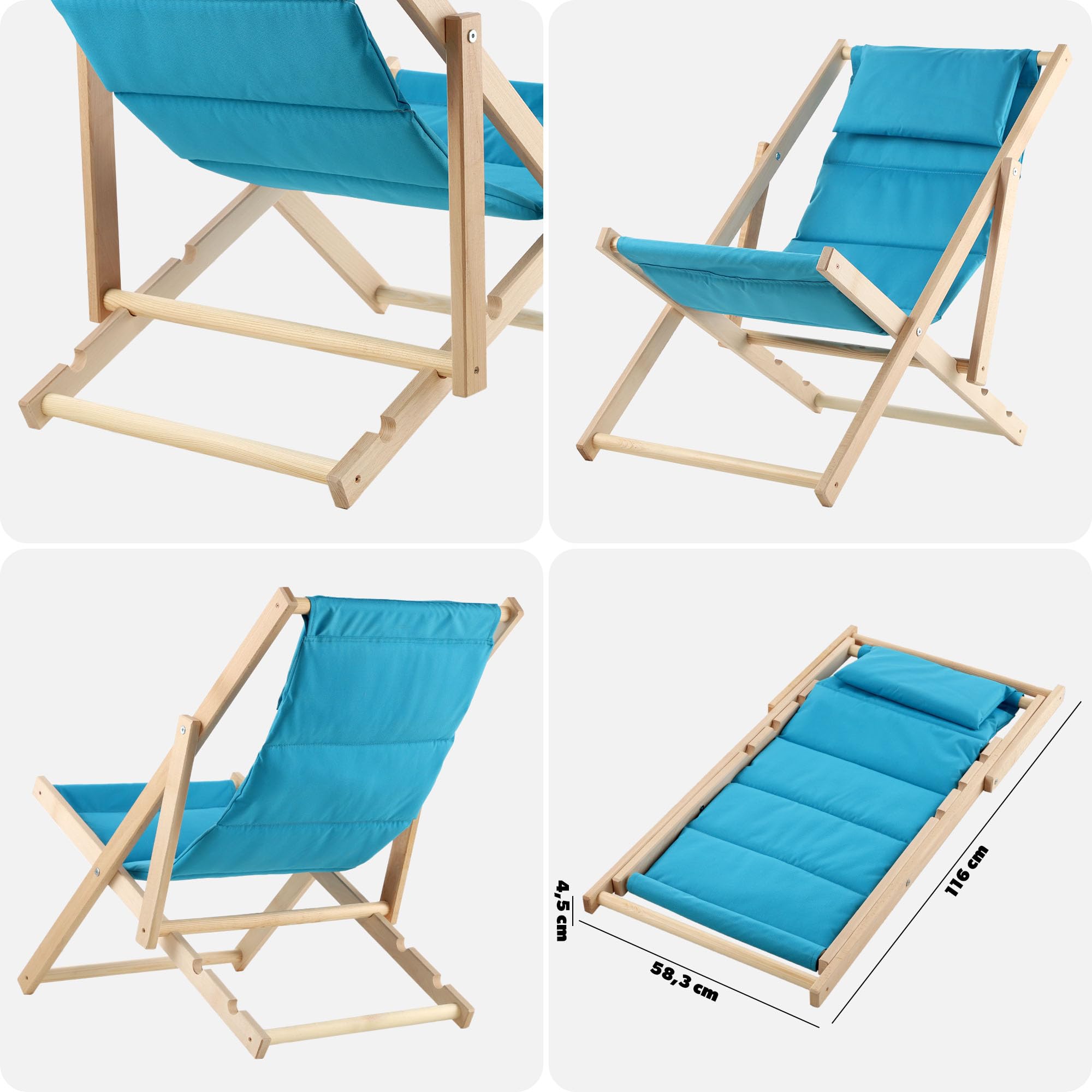 KADAX Sedia a sdraio, in legno, fino a 120 kg, sedia a sdraio in legno di faggio, sedie pieghevoli in legno, sdraio pieghevole per spiaggia, sedia a sdraio in legno (con poggiatesta, blu)