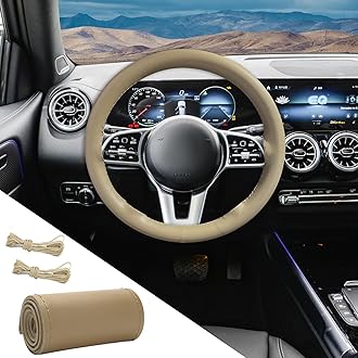 Genuine Leather Steering Wheel Cover, Universal Car Steering Wheel Protector with Needle Thread, Breathable Anti-Slip Steering Wheel Cover for Max Diameter 15 Inch, DIY Stitch on Wrap (Beige, Glossy)
