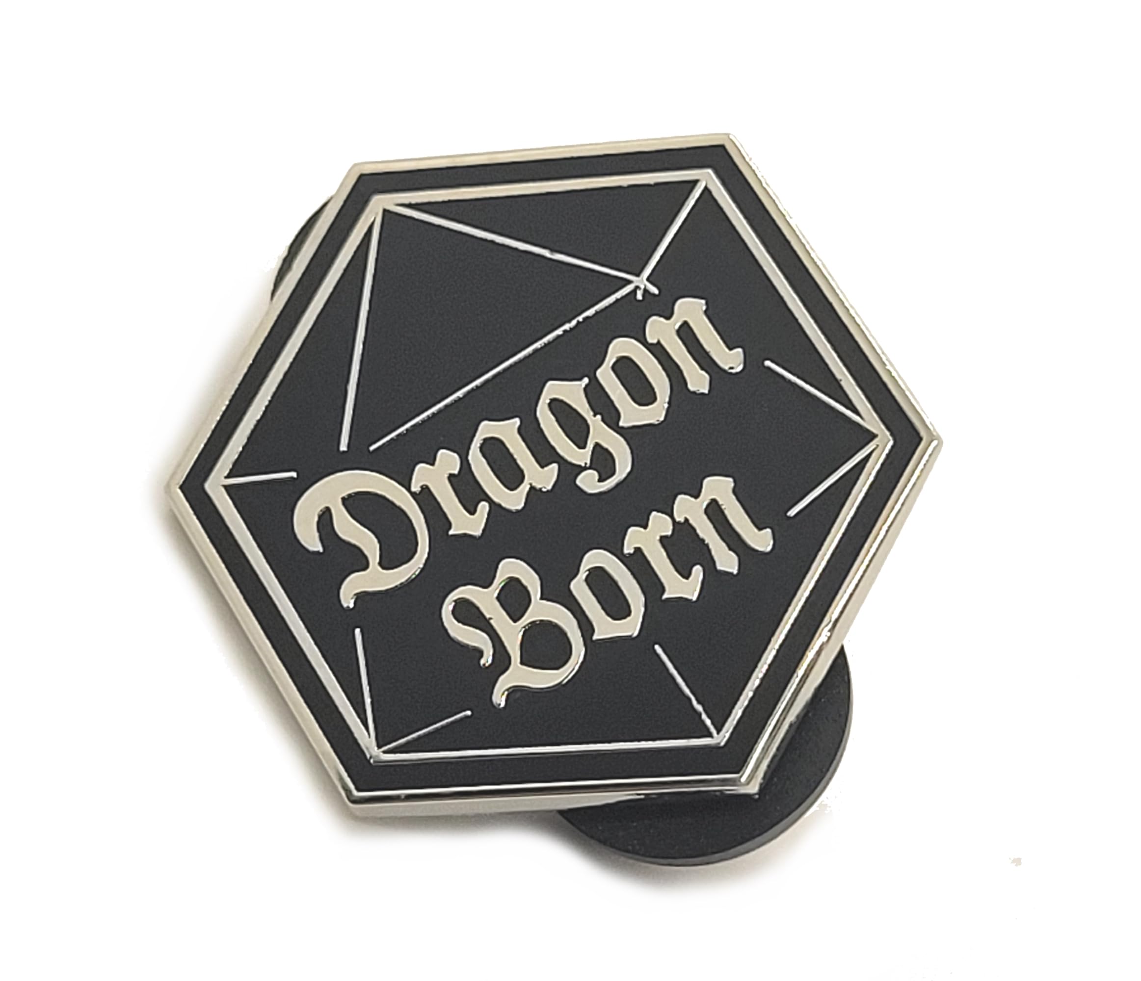 Dragon Born D20 Pin in Black with Silver Finish | Role Playing Geeky Fun Hard Enamel Pin, Small, enamel, not known