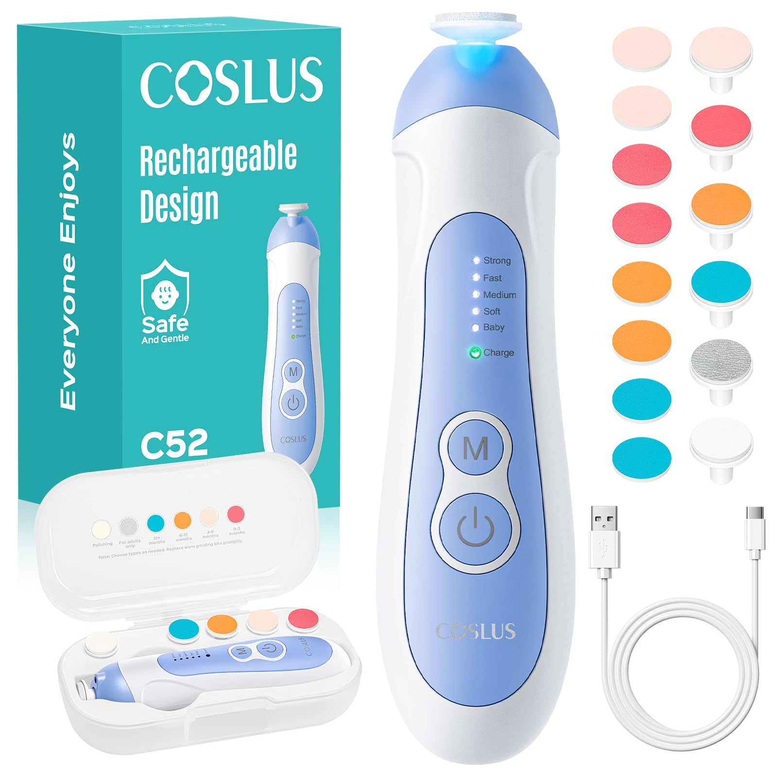 COSLUS C52 Elektrische Nagelfeile Baby Wiederaufladbar: 2026 Electric Baby Nail Trimmer Sanfter 5 Geschwindigkeiten & 6 Schleifköpfe für Babys und Kinder Sicher und leise-CPC Zertifiziert Blau