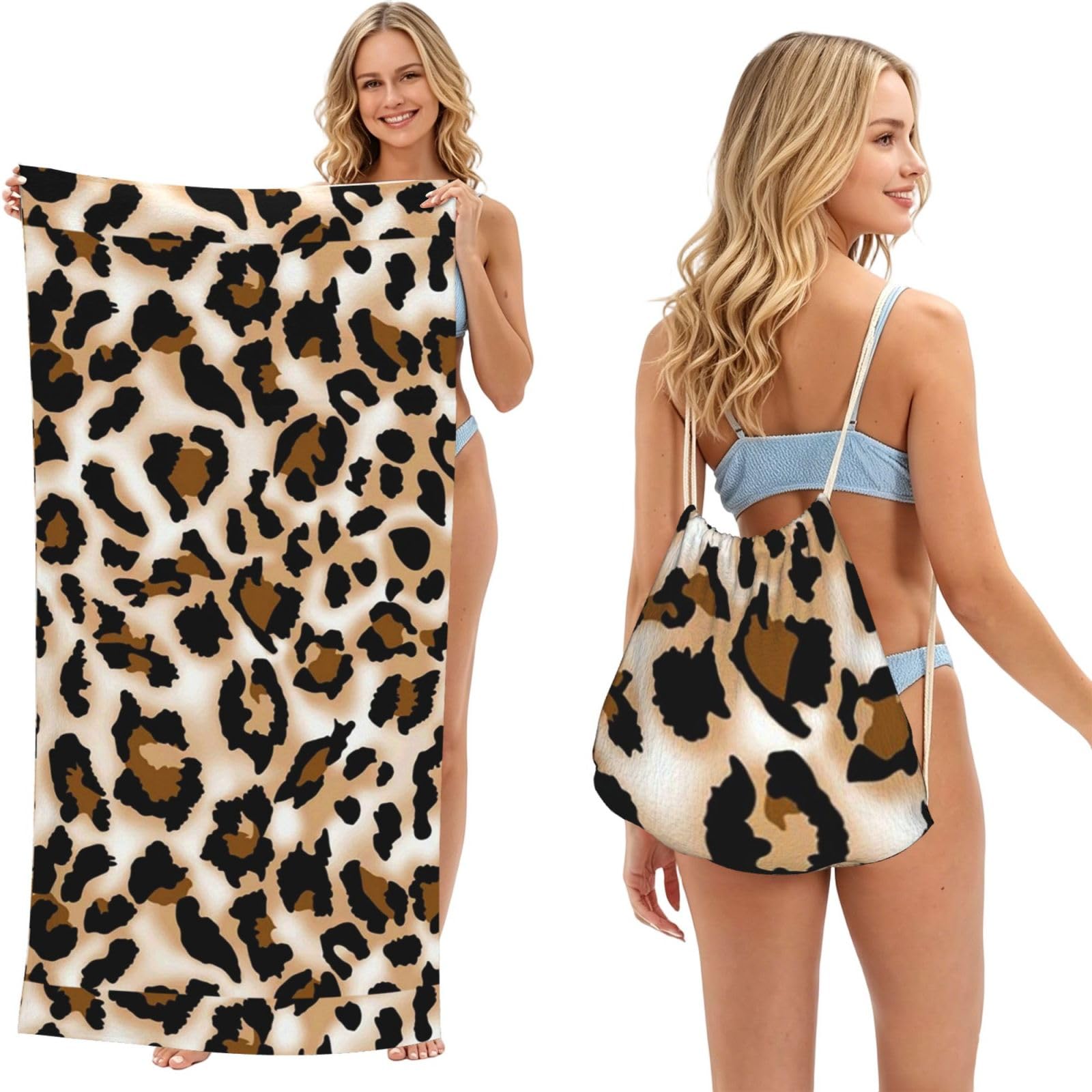 Poadnly As Picture Leopard Cheetah Leopard Love, 2 In 1 Packable Towel Bag, Beach Towels With Drawstring Backpack For Travel Holiday Camping