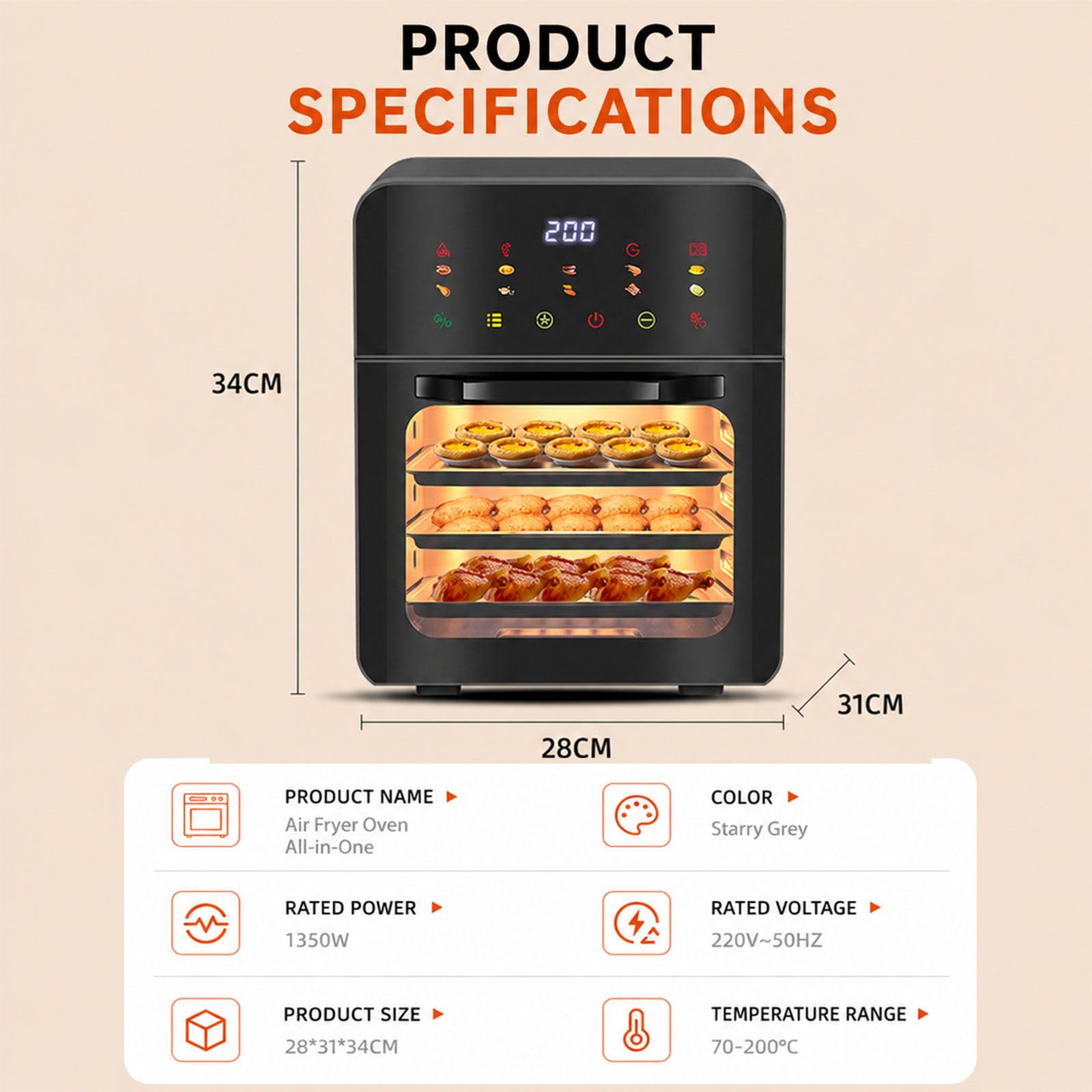 Forno friggitrice Vapore 8 in 1 a convezione, Forno da banco Grande, Controllo Touch Digitale, disidratazione/Cottura/arrostitura/Riscaldamento, Formato Famiglia, 70-200°C