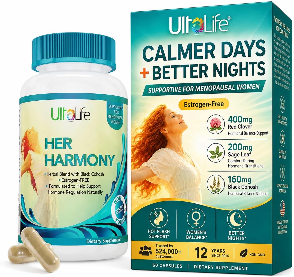 Her Harmony Menopause Supplements for Women - Hot Flashes Menopause Relief & Hormone Balance for Women - Contains Black Cohosh, Dong Quai, Red Clover & More - Estrogen Free - 60 Capsules