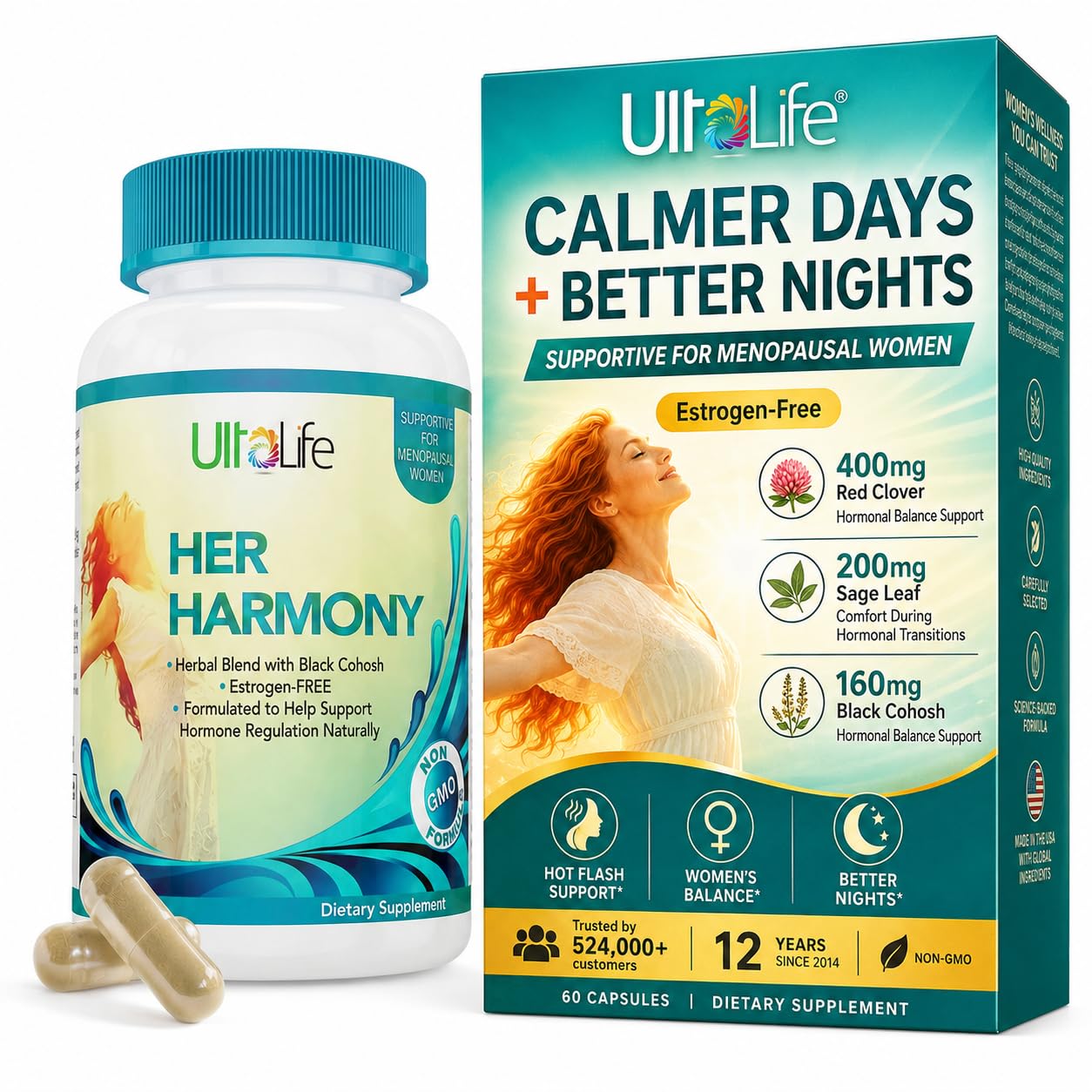 UltaLife Her Harmony Menopause Supplements for Women - Hot Flashes Menopause Relief & Hormone Balance for Women - Contains Black Cohosh, Dong Quai, Red Clover & More - Estrogen Free - 60 Capsules