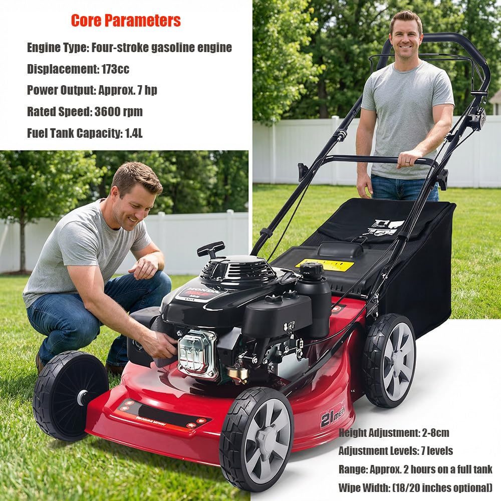 Cortacésped Autopropulsado De Gasolina De 18/20",Con Función De Mulch/Recogida En Bolsa/Descarga Lateral,Motor De 4 Tiempos De 173Cc,Bolsa Recolectora De Césped,7 Niveles De Ajuste De Altura 18in