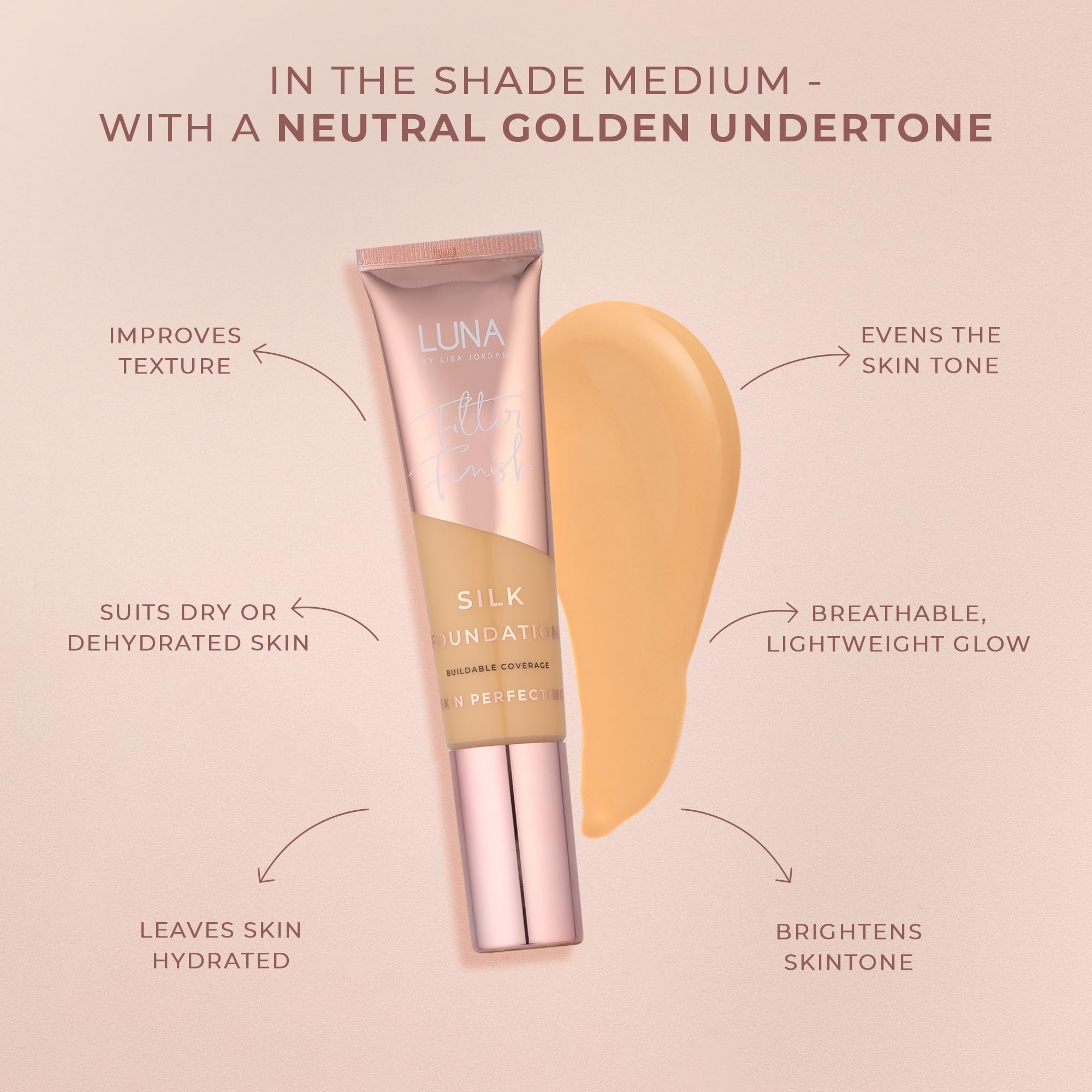 LUNA Silk Foundation in MEDIUM Shade, Contains Hyaluronic Acid, Vitamin C & A, Aloe Vera, and Shea Butter - Image 3