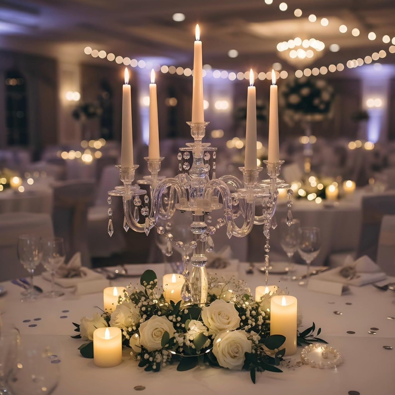 Acrylic Candelabra Centerpieces for Tables, 18.5in Tall 5 Arm Acrylic Candle Holder for Taper LED Candles, Clear Candlestick Holder for Wedding Chandelier Centerpiece Decor Party Event Reception