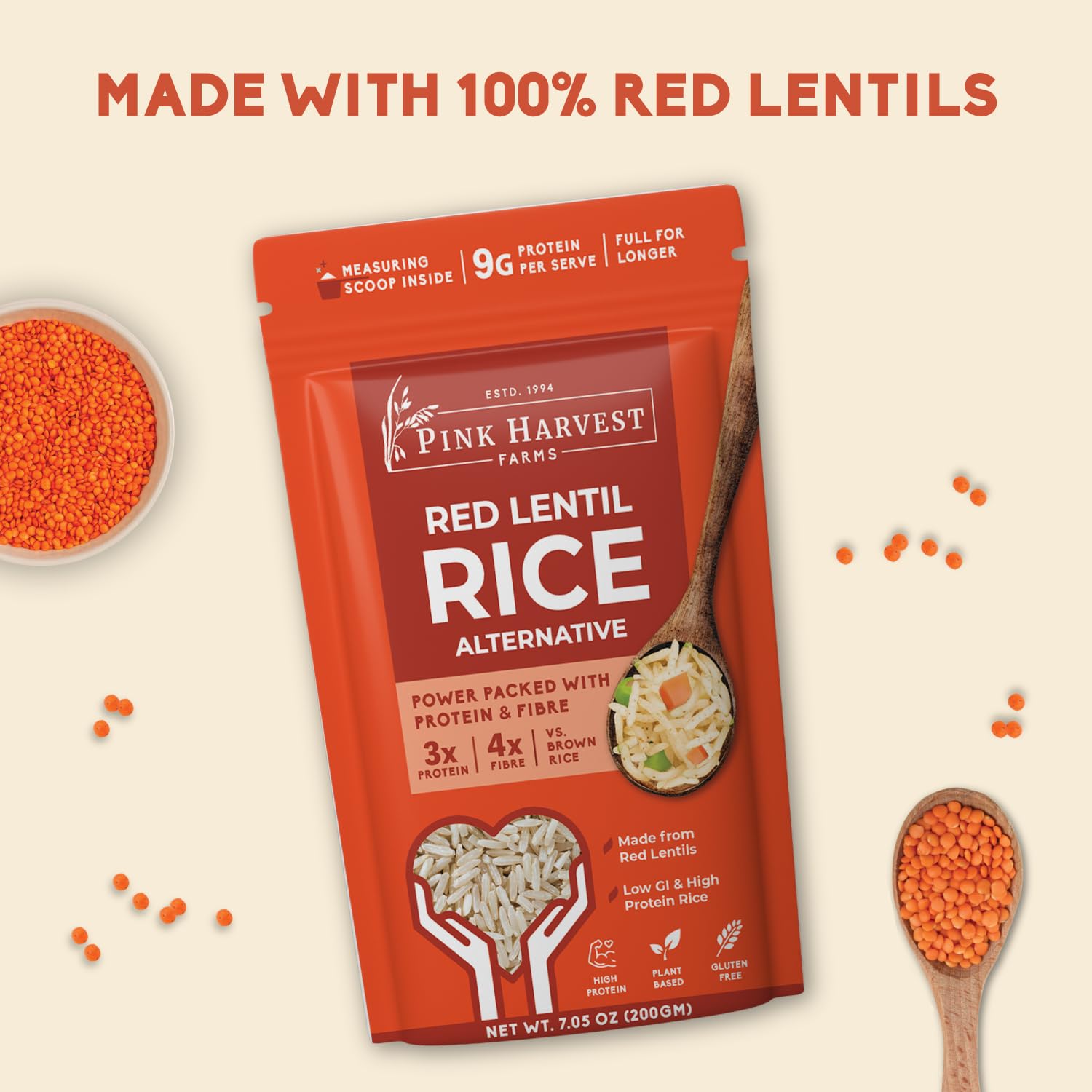 Pink Harvest Farms Red Lentil High Protein Rice | Vegan | Low GI | Diabetic Friendly | Pack of 3 (200g Each) 1