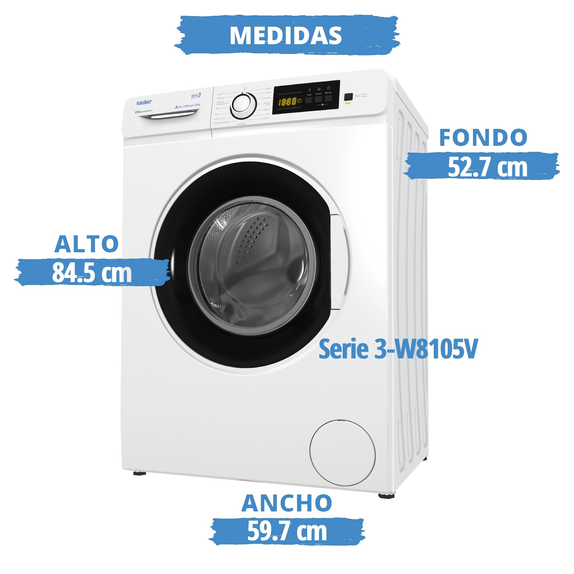 Sauber, Lavadora 8 Kg de carga frontal SERIE 3-W8105V, 1000 RPM, A, Programa Extra Rápido 15 minutos, 15 Programas, Detección de carga, Bajo Consumo, Color Blanco, CON INSTALACIÓN Y RETIRADA USADA