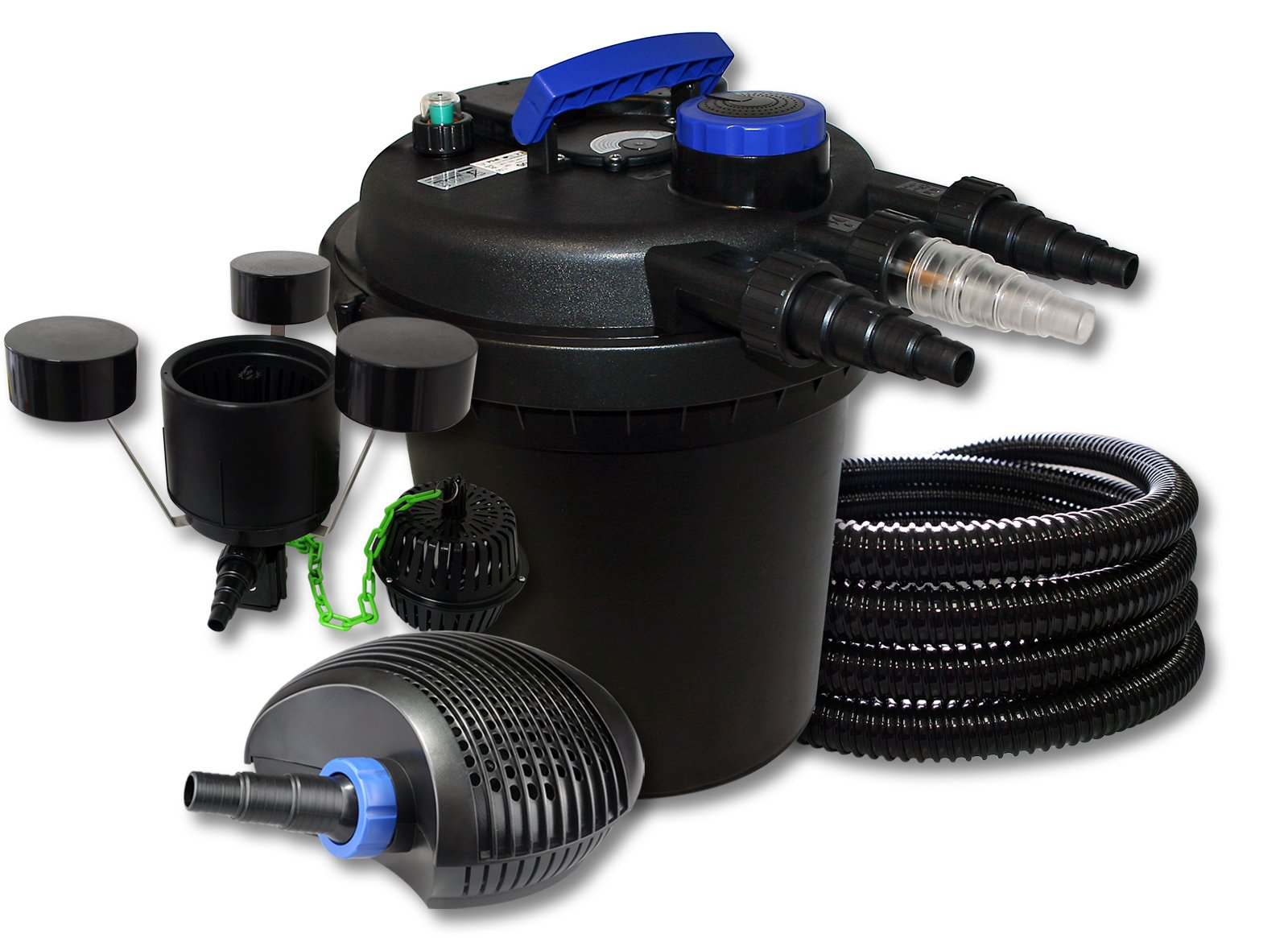SunSun Komplettset: CPF-180 Teichdruckfilter bis 6000 L mit 11 Watt UV-C Teichklärer, CTF-2800 SuperECO Teichpumpe 3000l/h 10W, 25m Teichschlauch 25 mm, CSP-250 Schwimmskimmer mit Pumpe 2500l/h 45W