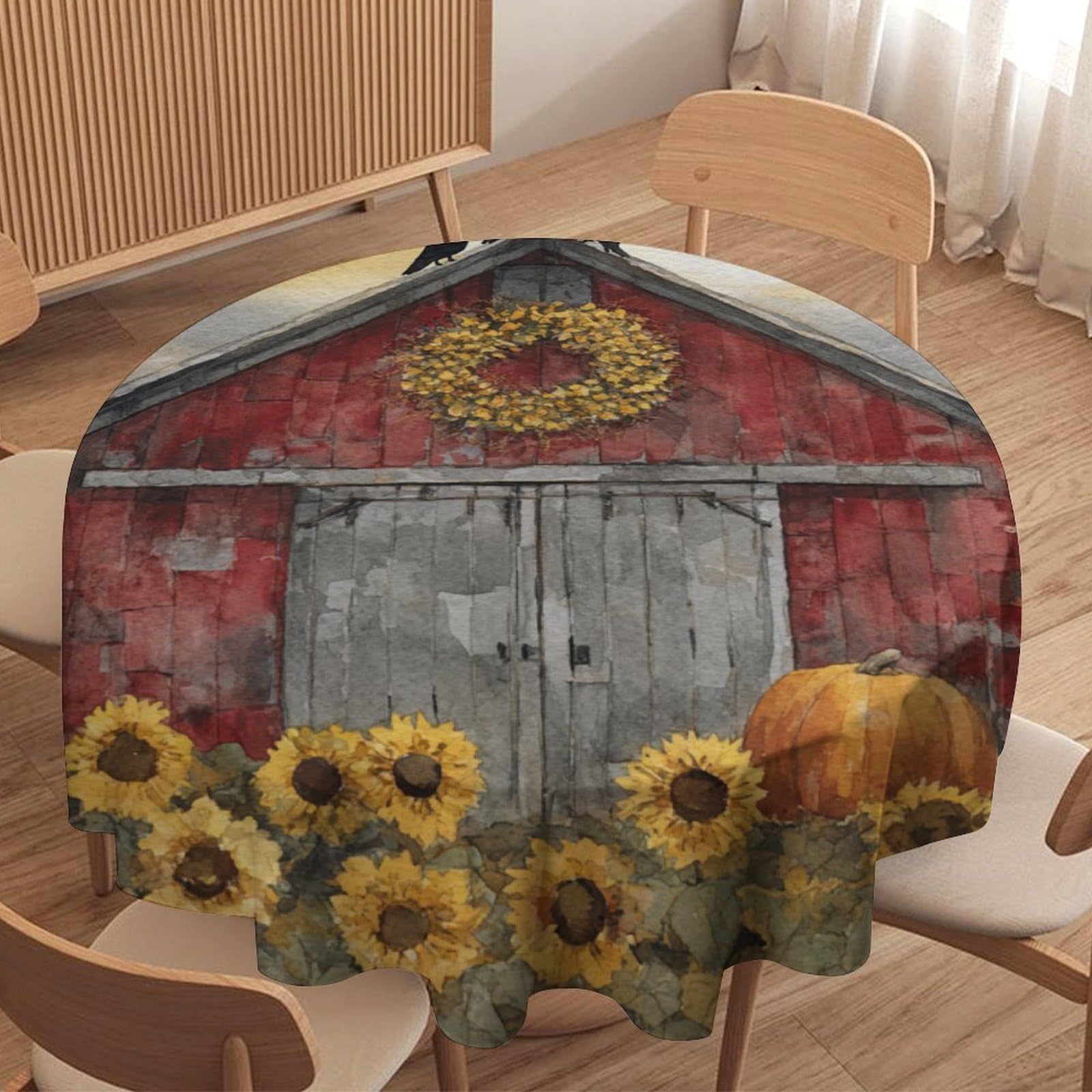 LUYYSKY Western Rustic Farm Barn Round Tablecloth Retro Oil Painting Autumn Sunset Log Cabin Sunflowers Animals Crow Washable Decor for Table Cover for Kitchen-177.8" Wx177.8 L cm