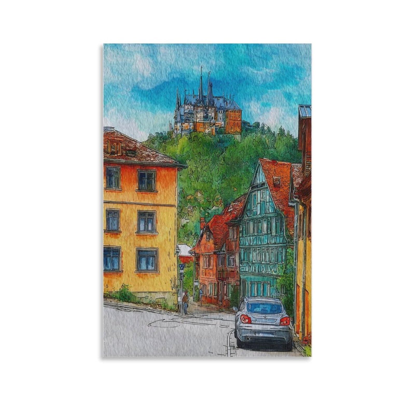 Cnaheiz Unframe-Style Wernigerode Germany 24X36inch(60X90cm) Vintage Travel Poster Watercolor Canvas Art