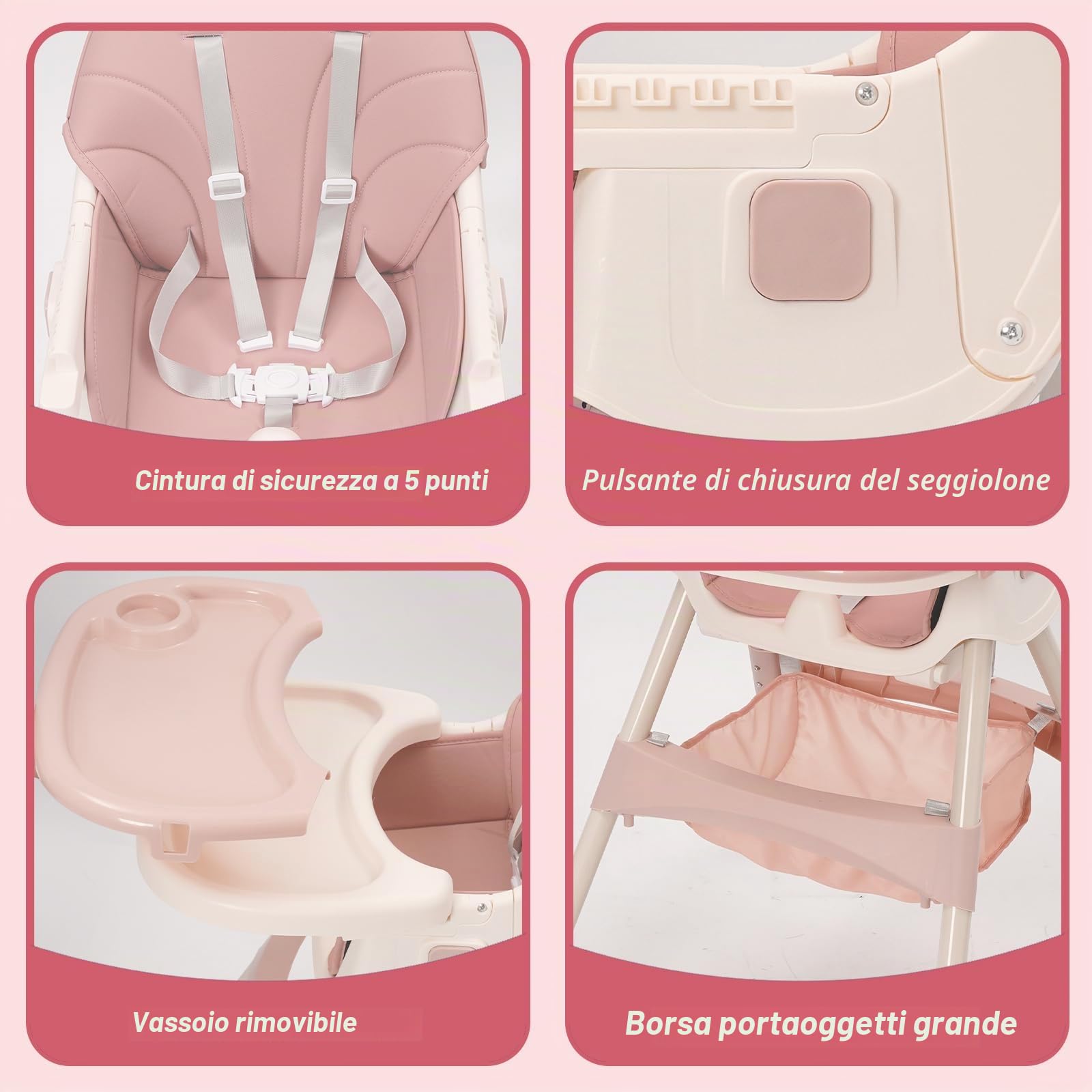Seggiolone Pappa Evolutivo 3 in 1, Pieghevole, Sedia Reclinabile, con Altezza Regolabile e Poggiapiedi, Vassoio Rimovibile, 3 Schienale Regolabile e Cintura di Sicurezza a 5 Punti, da 6+ Mesi, Rosa