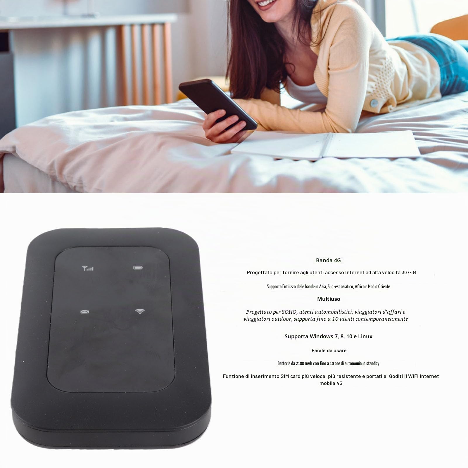 Hotspot Wi-Fi Mobile 4G LTE – Router Tascabile Fino A 150 Mbps, Scheda SIM, Condivisione Per 10 Dispositivi, Batteria 2100 MAh - 3