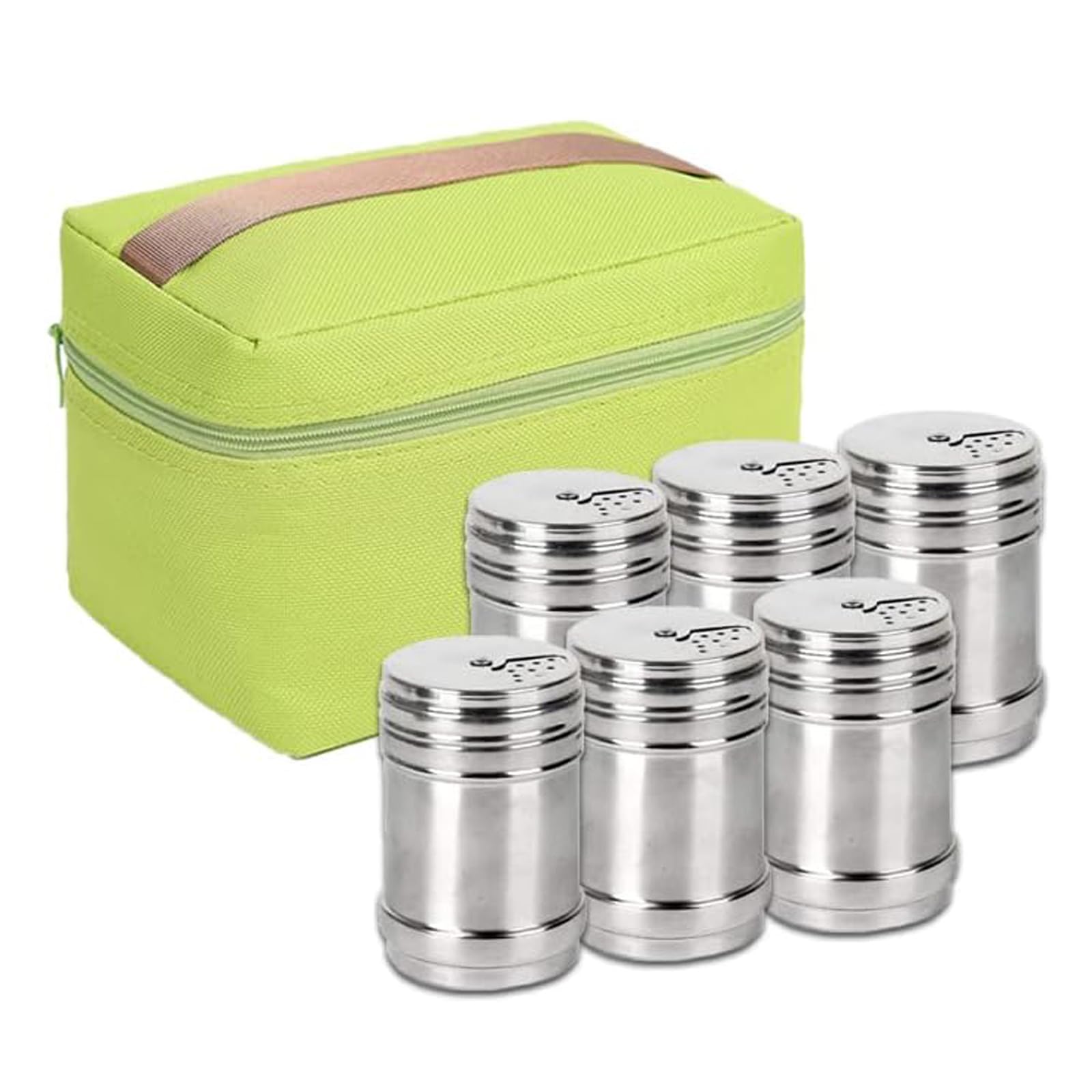 Set of 6 Spice Jars, Stainless Steel Spice Containers Salt Sugar Pepper with Rotating Cover and Packing Bag for Kitchen Cooking and Barbecue