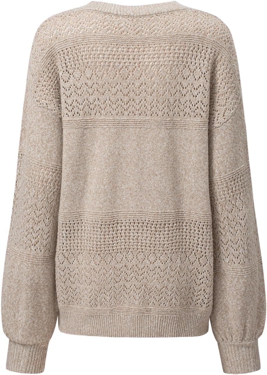 SHEWIN Women's Sweaters Casual Long Sleeve V Neck Crewneck Lightweight Crochet Pullover Sweater Tops - Image 6