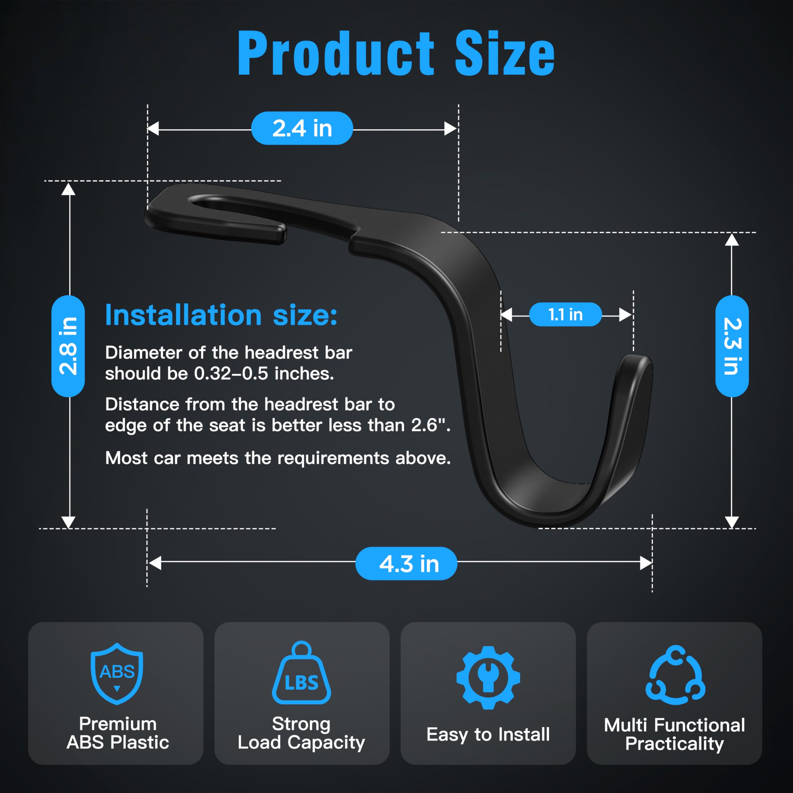 Amooca Car Seat Headrest Hook 4 Pack Hanger Storage Organizer Universal for Handbag Purse Coat fit Universal Vehicle Car Black S Type